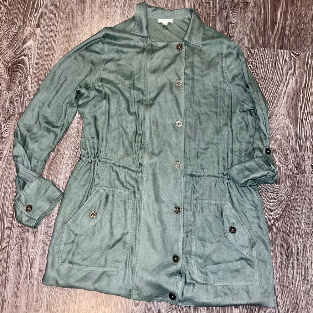 Soft Joie Olive Green Utility Jacket Long Drawstring Waist Buttons Size Small